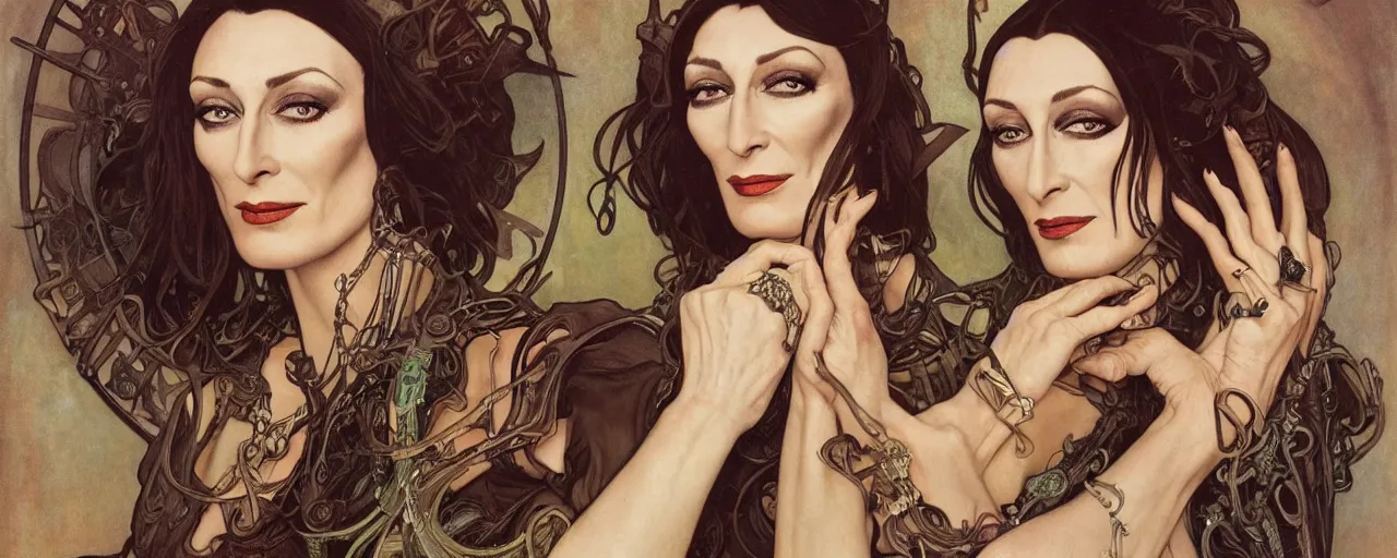 Image similar to stunning exotic art nouveau portrait of anjelica huston as an industrial dieselpunk queen of the night by glenn fabry, simon bisley and alphonse mucha, photorealism, extremely hyperdetailed, perfect symmetrical facial features, perfect anatomy, ornate declotage, spikes, latex, confident expression, wry smile, sinister eyes