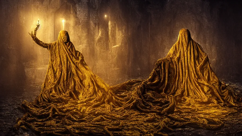 Prompt: King in yellow, horror, eldritch, 8K, concept art, DSLR, filmic, HDR, hyperrealism, Unreal Engine, volumetric lighting, Darkart