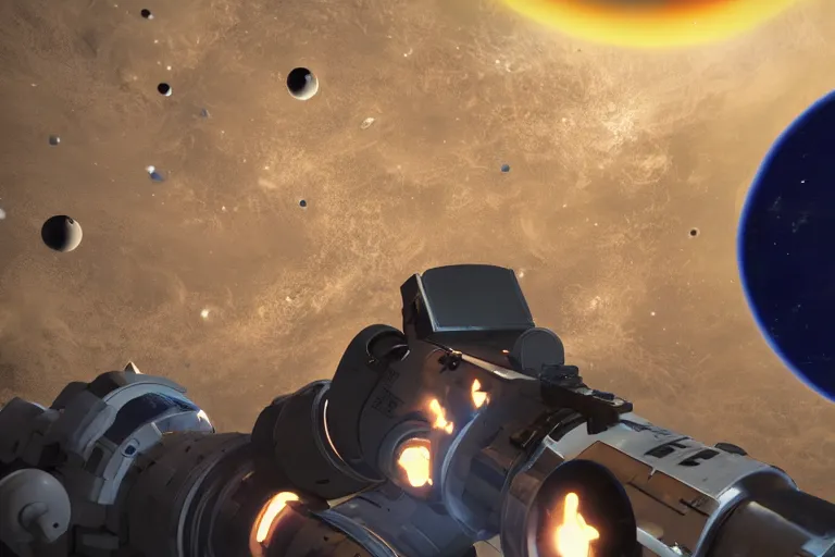 Image similar to astronaut aims a gun at a second astronaut, with earth in the background, unreal engine 5, dark space