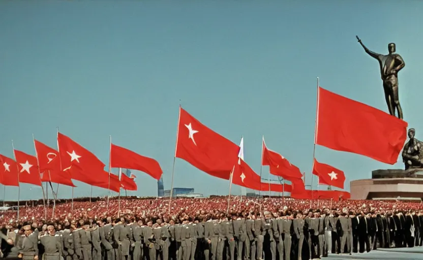 Prompt: 60s movie still of the great soviet's ceremony with CCCP flags and a giant bronze statue of Josip Broz Tito stanilist style palace backround, by Irving Penn , cinestill 800t 10mm eastmancolor, heavy grainy picture, very detailed, high quality, 4k, HD criterion, precise texture