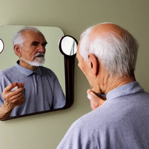 Prompt: old man looking at himself in the mirror