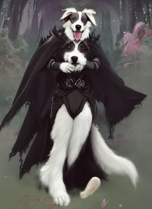 Image similar to beautiful wide angle full body portrait of a cute male anthropomorphic anthro border collie fursona wearing black robes at a theme park, character design by charlie bowater, henry asencio, and ross tran, scenic background, detailed, glamor pose, aesthetic, trending on artstation, furaffinity, deviantart