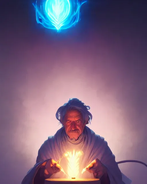 Image similar to highly detailed vfx portrait of an old mage casting a light spell, unreal engine, greg rutkowski, loish, rhads, beeple, makoto shinkai and lois van baarle, ilya kuvshinov, rossdraws, tom bagshaw, alphonse mucha, global illumination, detailed and intricate environment