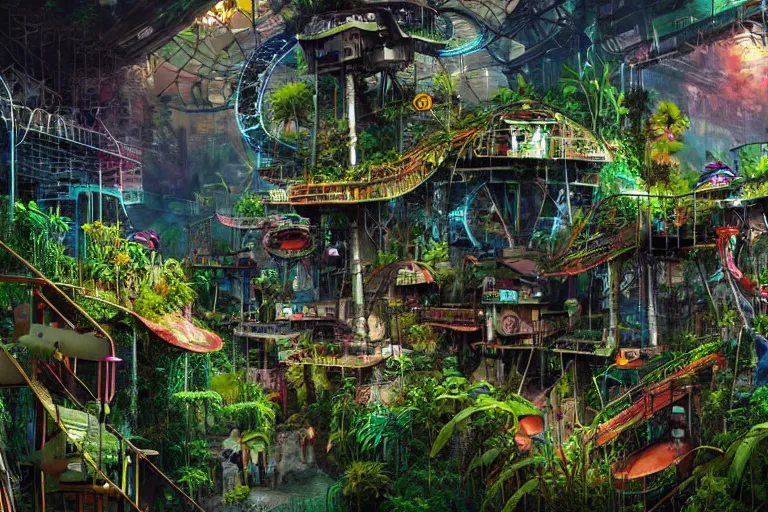 Image similar to favela winding cybernetic amusement park, lush floral jungle environment, industrial factory, apocalyptic, award winning art, epic dreamlike fantasy landscape, ultra realistic,