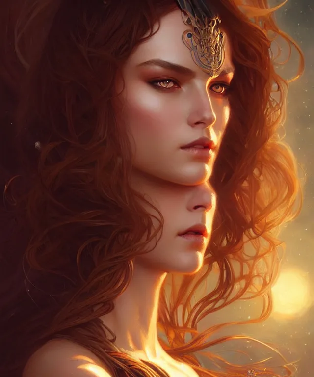 Image similar to fantasy magic woman portrait, sci-fi, amber eyes, face, long hair, fantasy, intricate, elegant, highly detailed, digital painting, artstation, concept art, smooth, sharp focus, illustration, art by artgerm and greg rutkowski and alphonse mucha