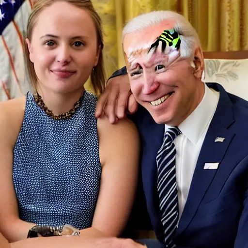 Image similar to dasha nekrasova sitting on joe biden's lap