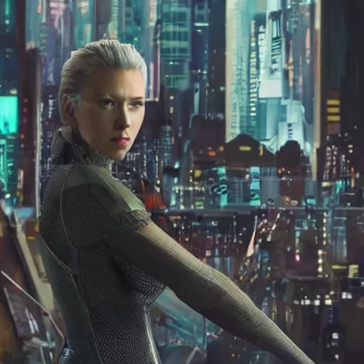 Image similar to a beautiful medium - shot still of scarlett johansson from ghost in the shell, cyberpunk style, looking off into the distance, a - line bob hairstyle, black hairs, ultra realistic, soft, blue hour, soft neons light from night city falling on her face. focus on her eyes and brows. by annie leibowitz