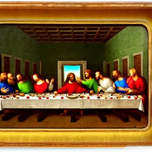 Prompt: last supper by leonardo da vinci bit with pizza