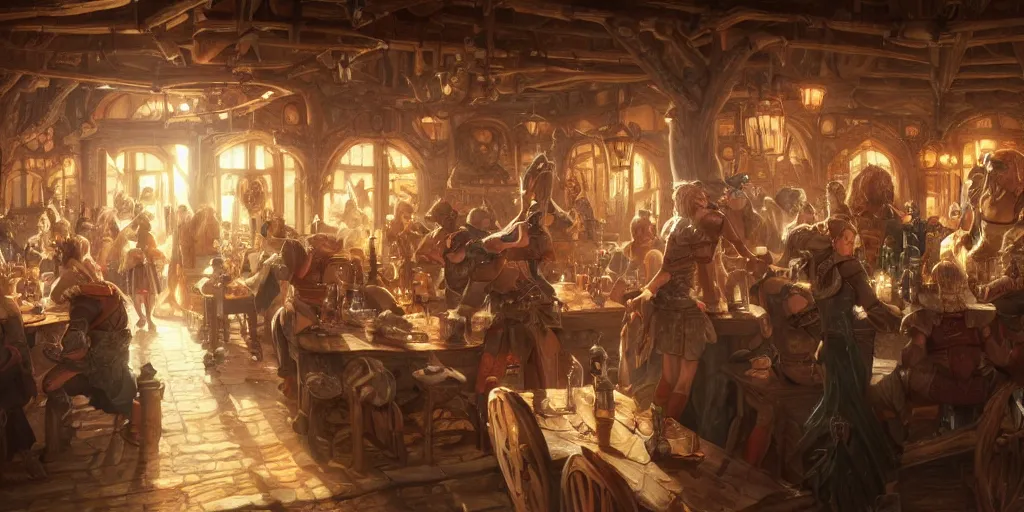 Image similar to a panorama of fantasy characters in a tavern, intricate, highly detailed, digital painting, artstation, smooth, sharp focus, illustration, 8 k, art by artgerm, greg rutkowski