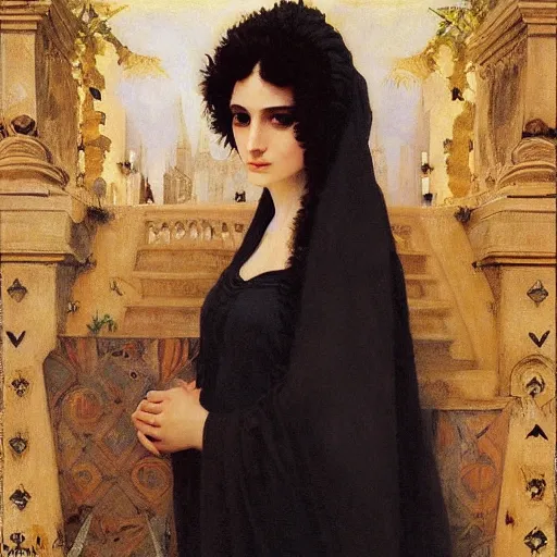 Image similar to oil painting of princess Vulvine, Hungarian, curly dark hair, fair skin, funeral veil, dark ominous by Georgia o Keeffe, by Marcel Jankowicz, by Bouguereau, by Gustave Moreau, concept art, master, realism, romantism