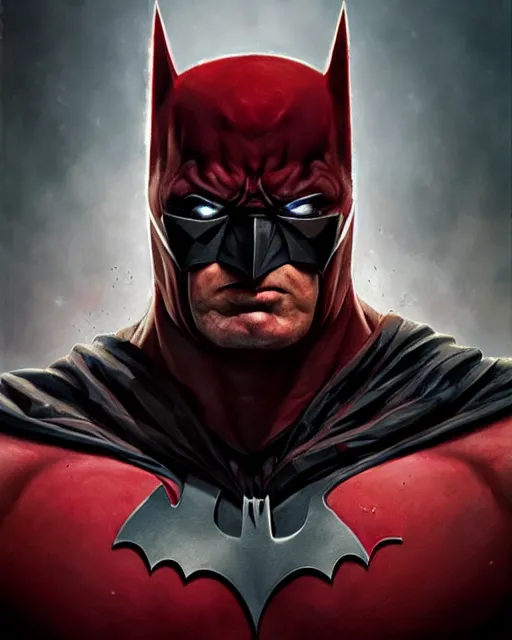 Image similar to character portrait of a muscular old batman with the batlogo in his chest made of blood, piercing bright red eyes, and pale skin, by greg rutkowski, mark brookes, jim burns, tom bagshaw, trending on artstation