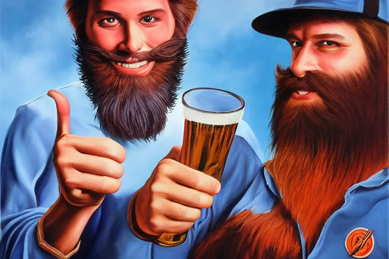 Image similar to a young man holding a beer giving a thumbs up with a long beard, airbrush painted, 80s poster, detailed, uncropped, painted by Jim Burns