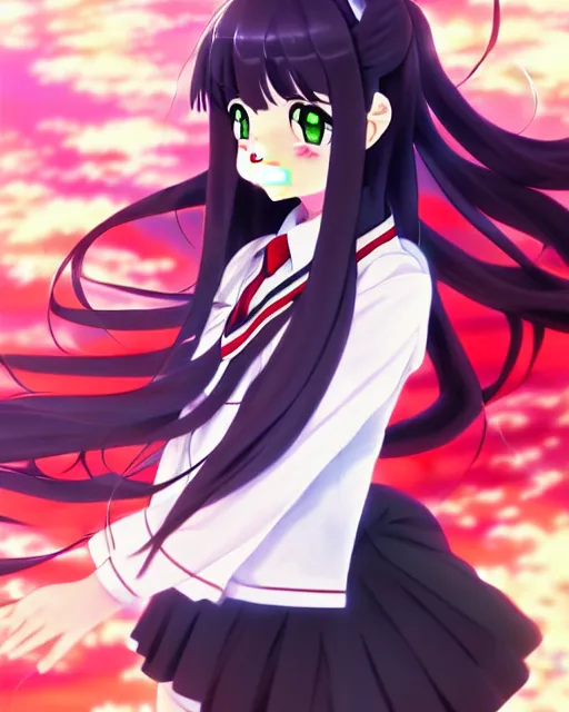 Prompt: anime style, vivid, expressive, full body, 4 k, painting, a cute magical girl with a long wavy black hair wearing a school uniform, stunning, realistic light and shadow effects, centered, simple background, studio ghibly makoto shinkai yuji yamaguchi