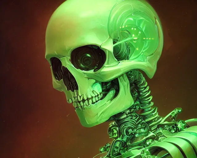 Prompt: portrait of a cybernetic skeleton, bottom up green lighting, deep focus, d & d, fantasy, intricate, elegant, highly detailed, digital painting, artstation, concept art, matte, sharp focus, illustration, hearthstone, art by artgerm and greg rutkowski and alphonse mucha