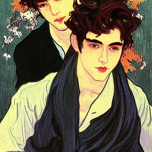 Image similar to painting of young cute handsome beautiful dark medium wavy hair man in his 2 0 s named shadow taehyung and cute handsome beautiful min - jun together at the halloween! party, bubbling cauldron!, candles!, smoke, autumn! colors, elegant, wearing suits!, clothes!, delicate facial features, art by alphonse mucha, vincent van gogh, egon schiele