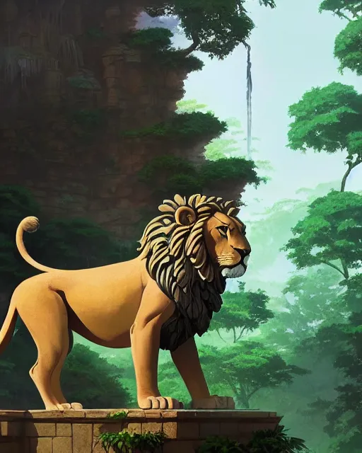 Image similar to statue of a lion in a temple, lush vegetation, waterfalls, cory loftis, james gilleard, atey ghailan, makoto shinkai, goro fujita, character art, rim light, exquisite lighting, clear focus, very coherent, plain background, soft painting