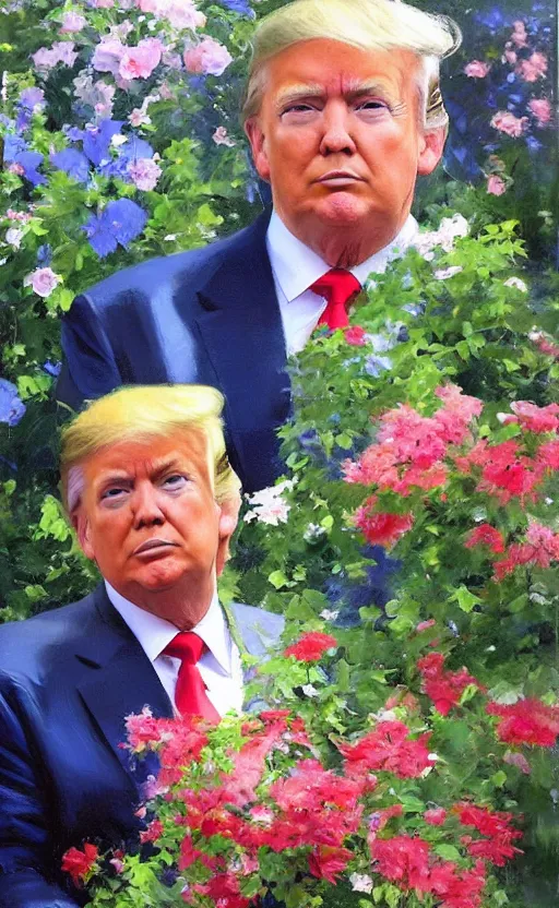 Prompt: romantic photorealistic portrait painting of donald trump surrounded by beautiful flowers, by gregory manchess, james gurney, james jean