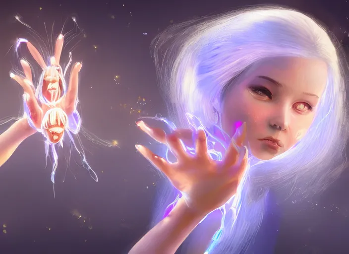 Image similar to girl with silk glowing white hair showing her hands with glowing puppeteer stings coming out of it, concept digital art trending on artstation oilpaint