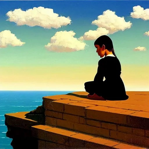 Prompt: asymmetrical, 6 year old girl kneels at edge of cliff facing a gigantic son, by jack vettriano,