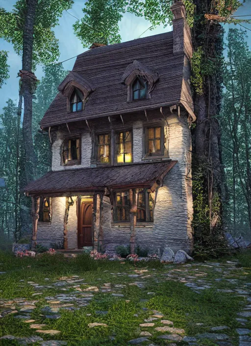 Image similar to hyper realistic homely ornate witch cottage architectural, in the woods gorgeous lighting, blue sky, highly detailed, lush forest architectural render, octane render, ue 5 raytraced