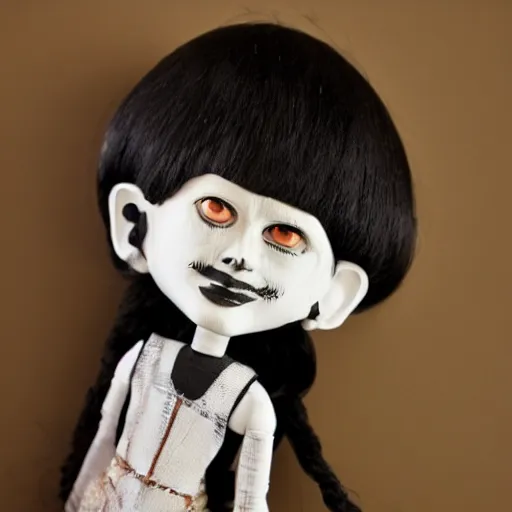 Image similar to a doll with black hair and a white face, a character portrait by kano sanraku, cgsociety, mingei, creepypasta, made of trash, made of cardboard