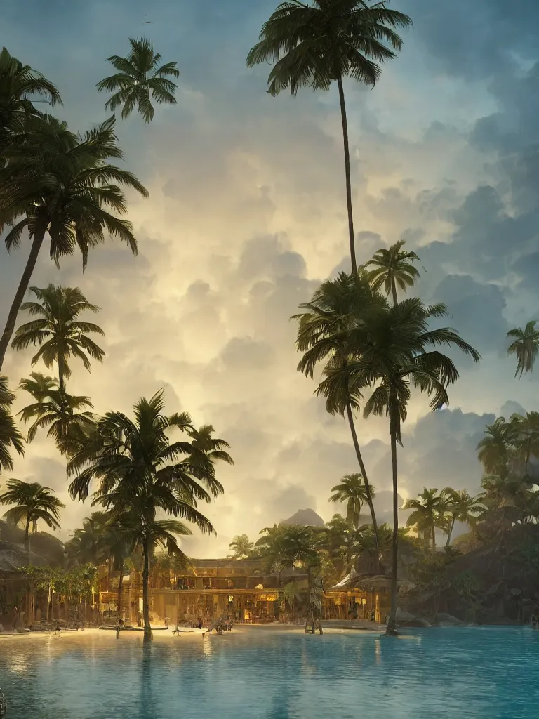 Prompt: 3 d hyper realistic concept art of a brilliantly lit tropical island beach resort building at dusk, golden waterfalls!, palm trees, misty background, beautiful lighting, by charlie bowater, hikari shimoda, natalie shau, noah bradley, vibrant color scheme, depth of field, textured octane render, trending on artstation