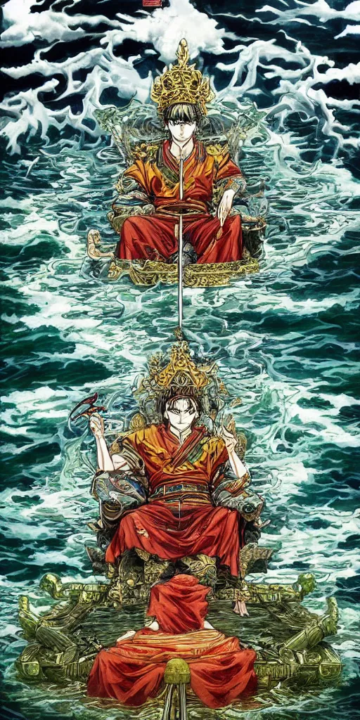 Prompt: a lone emperor sitting on a emerald throne floating on water in the middle of a lake drawn by Makoto Yukimura in the style of Vinland saga anime, full color, detailed, psychedelic, Authority, structure