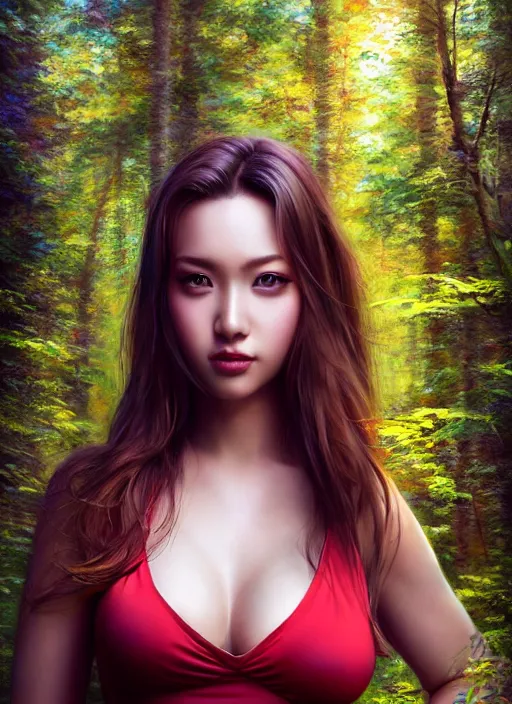 Image similar to photo of a gorgeous female in the style of stefan kostic, realistic, professionally, professionally color graded, half body shot, sharp focus, 8 k high definition, insanely detailed, intricate, elegant, art by stanley lau and artgerm, blurred forest in background