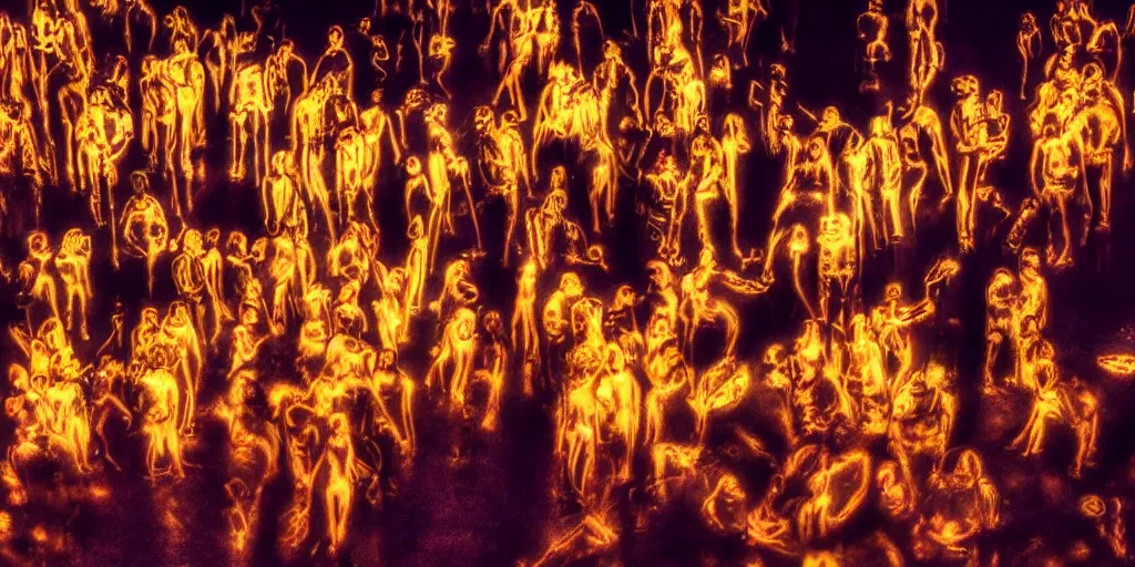 Prompt: love, overlays superposition of groups of people with glowing bodies, from behind, rebirth, wide angle, cinematic atmosphere, elaborate, highly detailed, vivid colors, dramatic lighting