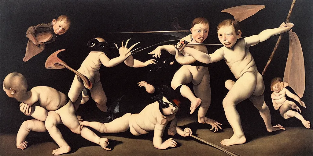 Prompt: “A painting by Caravaggio Dali Steichen depicting an early precursor to baseball called frogbat in which smiling children swing large black bats by their bat wing to hit a frog ball thrown by an insane child. The giant winged black bats love being swung by the children. 8k, mixed media, vray, maya, Houdini, zbrush, unreal engine, detailed, black bats, trending on artstation. ”