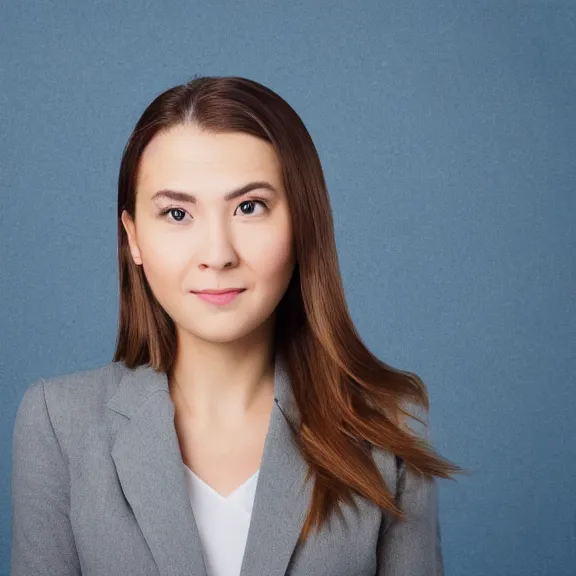 Prompt: portrait of 2 5 - year - old business woman with angle 9 0 ° centred looking away breading fresh air, strong spirit and look serious, background soft gradian blue