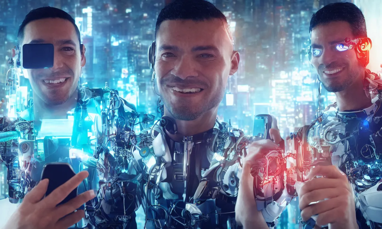 Prompt: A selfie of a latino scientist guy with some cyborg clients behind him smiling at the cellphone. Cyberpunk style. 4K ultra hd, super detailed, octane render, portrait photo.