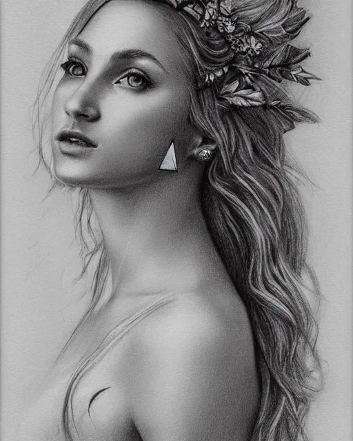 Image similar to pencil drawing of the very beautiful greek goddess aphrodite wearing a laurel wreath with arrowhead earrings, piercing eyes, beautiful flowing hair, hyper realistic face, in the style of greg rutkowski, fantasy, amazing detail, epic, elegant, smooth, sharp focus, young