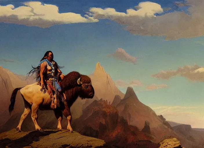 Image similar to native american riding bison, buffalo, native american warrior, mountain range, beautiful sky, standing on the edge of a cliff, 1 9 th century, painted by frazetta