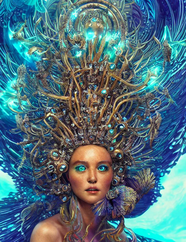Image similar to goddess phoenix macro close - up portrait with crown made of ram skull. phoenix, betta fish, jellyfish, bioluminiscent, plasma, ice, water, wind, creature, super intricate ornaments artwork by tooth wu and wlop and beeple and greg rutkowski