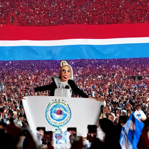 Image similar to Lady Gaga as president, Argentina presidential rally, Argentine flags behind, bokeh, giving a speech, detailed face, Argentina