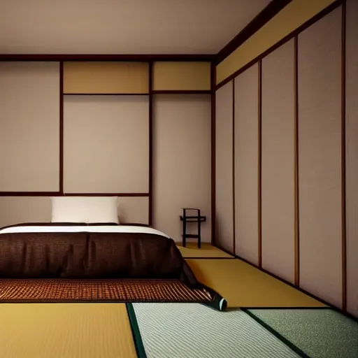 Image similar to still photo of a japanese guest room, highly detailed, photorealistic portrait, bright studio setting, studio lighting, crisp quality and light reflections, unreal engine 5 quality render