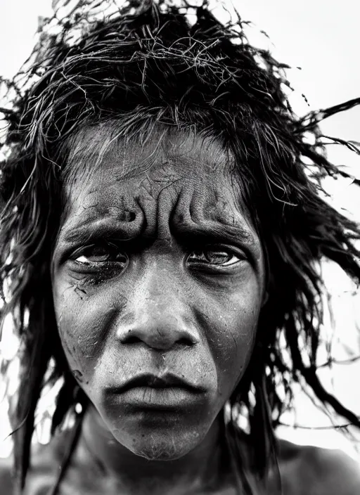 Image similar to Award winning Editorial photo of a Native Nauruans with incredible hair and beautiful hyper-detailed eyes wearing traditional garb by Lee Jeffries, 85mm ND 5, perfect lighting, gelatin silver process