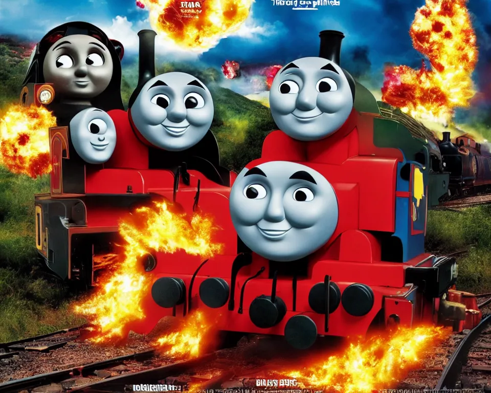 Prompt: thomas the tank engine exploding, movie poster