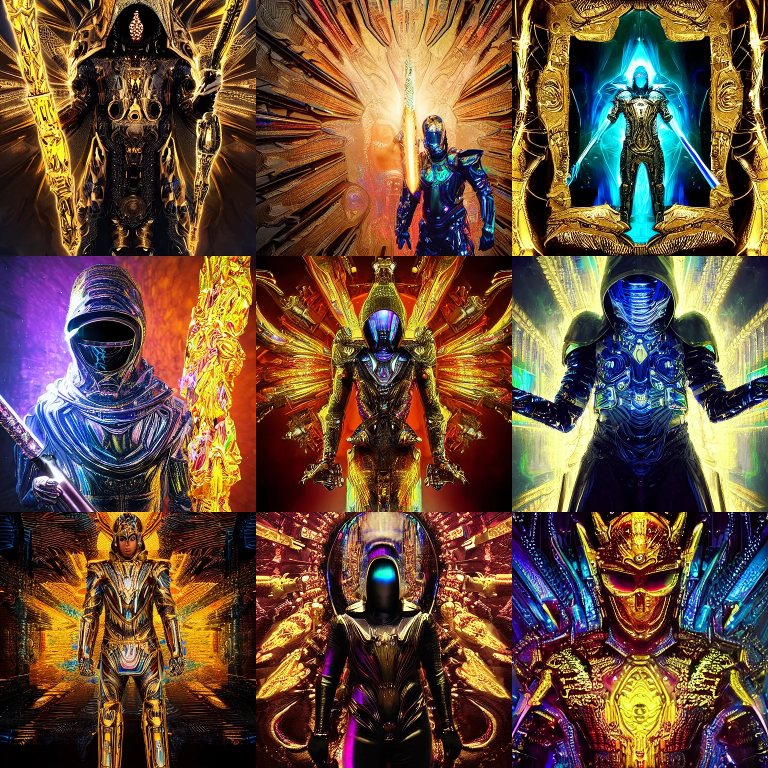 Prompt: Ultra realist intricate dark iridescent detailed painting of a powerful hooded divine royal omnipotent being wearing body armor and brandishing a futuristic golden sword of iridescent flames, human face, biomechanical complex torso covered in iridescent 3D processor microchips, 3D render, 4K, symmetry, rich style, iridescent smoke behind, crystallic cyberpunk megastructure background, artstation, iridescent, badass, galactic deity, dark ominous stealth, colorful lens flares, depth of field, award winning on artstation, artgerm