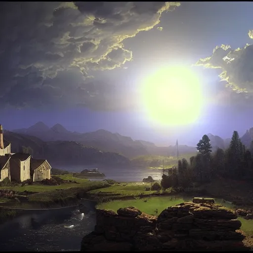 Image similar to dark solar eclipse, above a village, highly detailed, studio 4 k quality, by alexandre calame