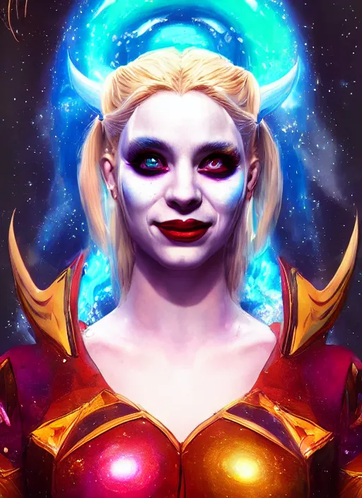 Image similar to cosmic portrait of harley quinn as a celestial being, hyper detailed, digital art, cinematic lighting, studio quality, smooth render, unreal engine 5, octane rendered, art style by klimt and nixeu and ian sprigger and wlop and krenz cushart.