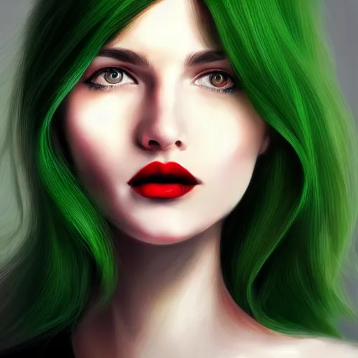 Image similar to a realistic illustration portrait of a beautiful cute girl with wavy black red hair, a pointy nose and, round chin black eyeliner, green welcoming eyes, trending on artstation, hyper - realistic lighting