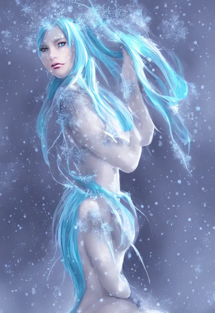 Image similar to full body portrait of a stunningly pretty woman with pale blue hair wearing a dress made out of snowflake in the middle of a snowstorm. award - winning digital art, trending on artstation