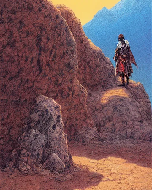 Image similar to a male mage in a barren mountainous landscape, art by larry elmore, yoshitaka amano, michael whelan