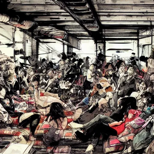 Image similar to a huge smoky room filled with females lounging on couches, artist kim jung gi,