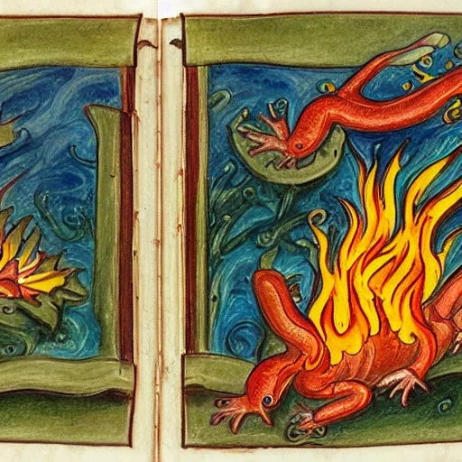 Image similar to salamander on fire in the style of a grotesque of an illuminated manuscript