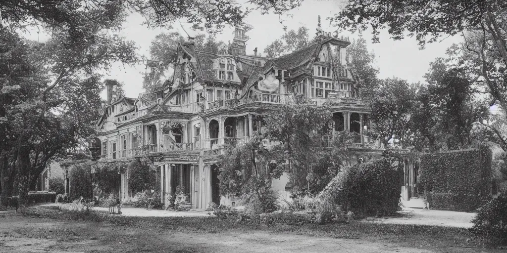 Image similar to a highly detailed photograph of a house from the 1880s surrounded by beautiful gardens, view from ground level, elegant, ornate, daytime, beautifully lit scene