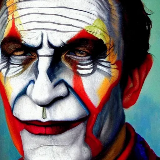 Prompt: oil painting portrait of julius caesar with joker's face paint on his face, 8 k, very detailed, very intricate,