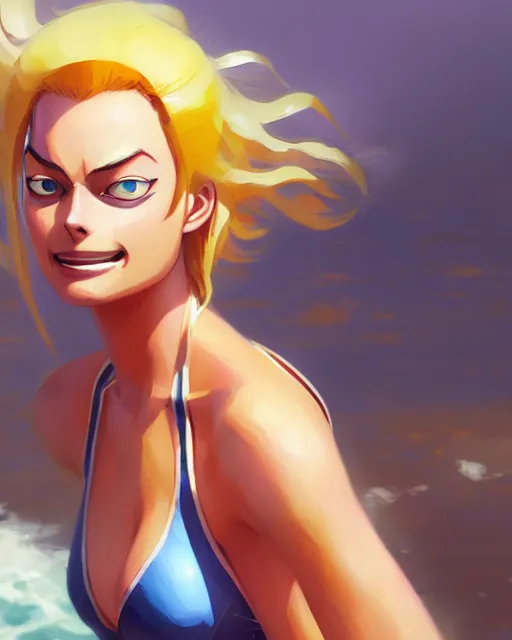 Image similar to margot robbie in one piece as nami, medium shot close up, details, sharp focus, illustration, by jordan grimmer and greg rutkowski, trending artstation, pixiv, digital art